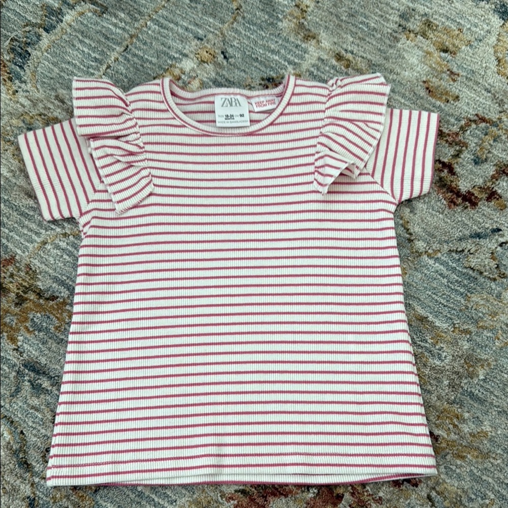 Zara Kids Striped Pink Ruffle Sleeve Top